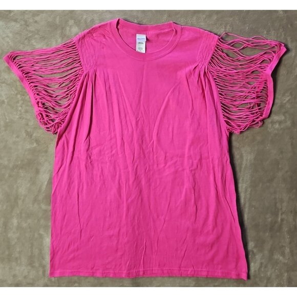 Razor Cut Sleeves Gildan Heavy Cotton Pink T-Shirt XL Upcycled OOAK Handmade - Picture 2 of 7